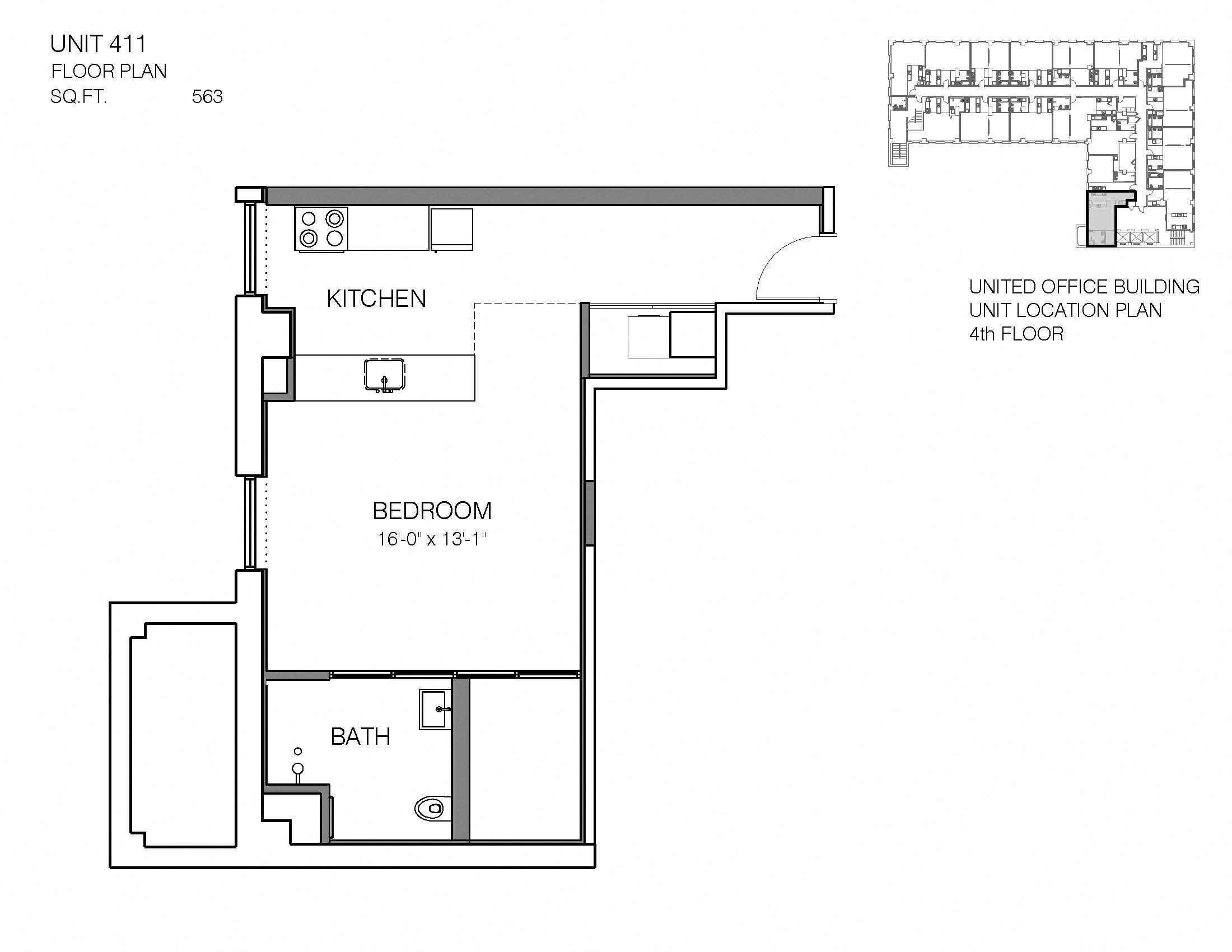 Floor plan for studio, 1 bath, 563 sqft